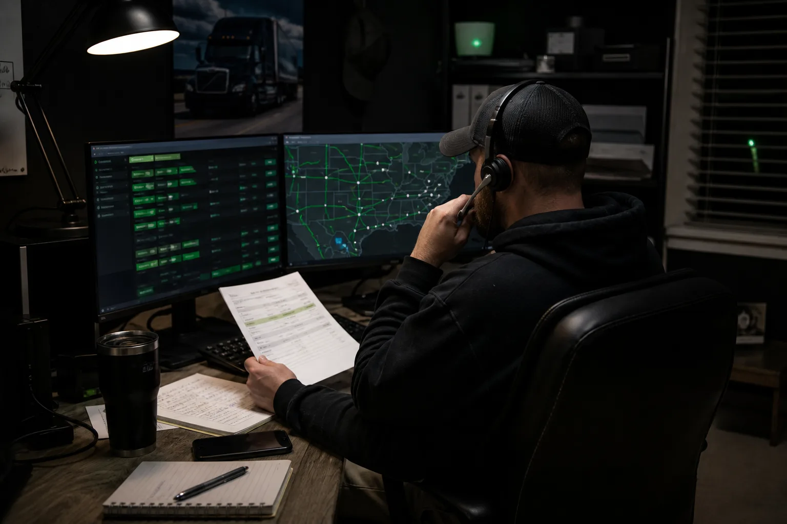 Illustrative independent dispatcher reviewing a freight board while handling a broker call