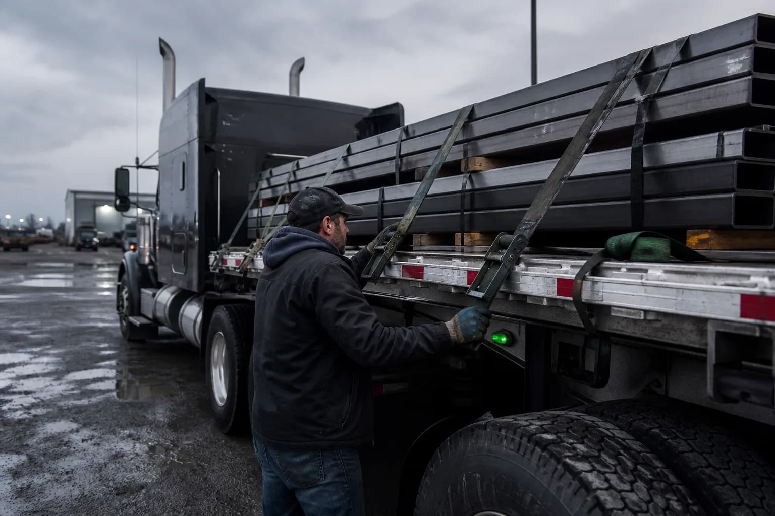 Owner-operator checking flatbed load securement before departure