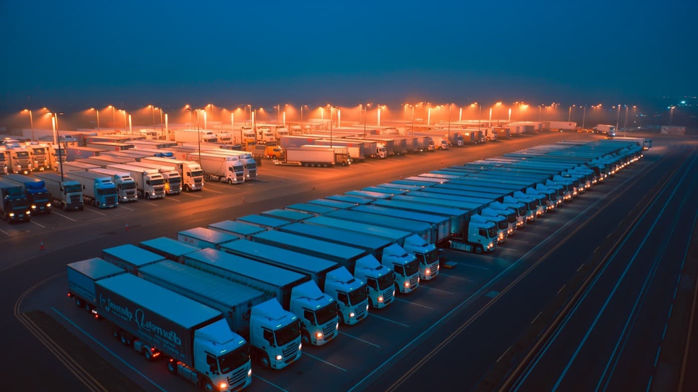 Working tractor trailers parked at night during freight lane planning