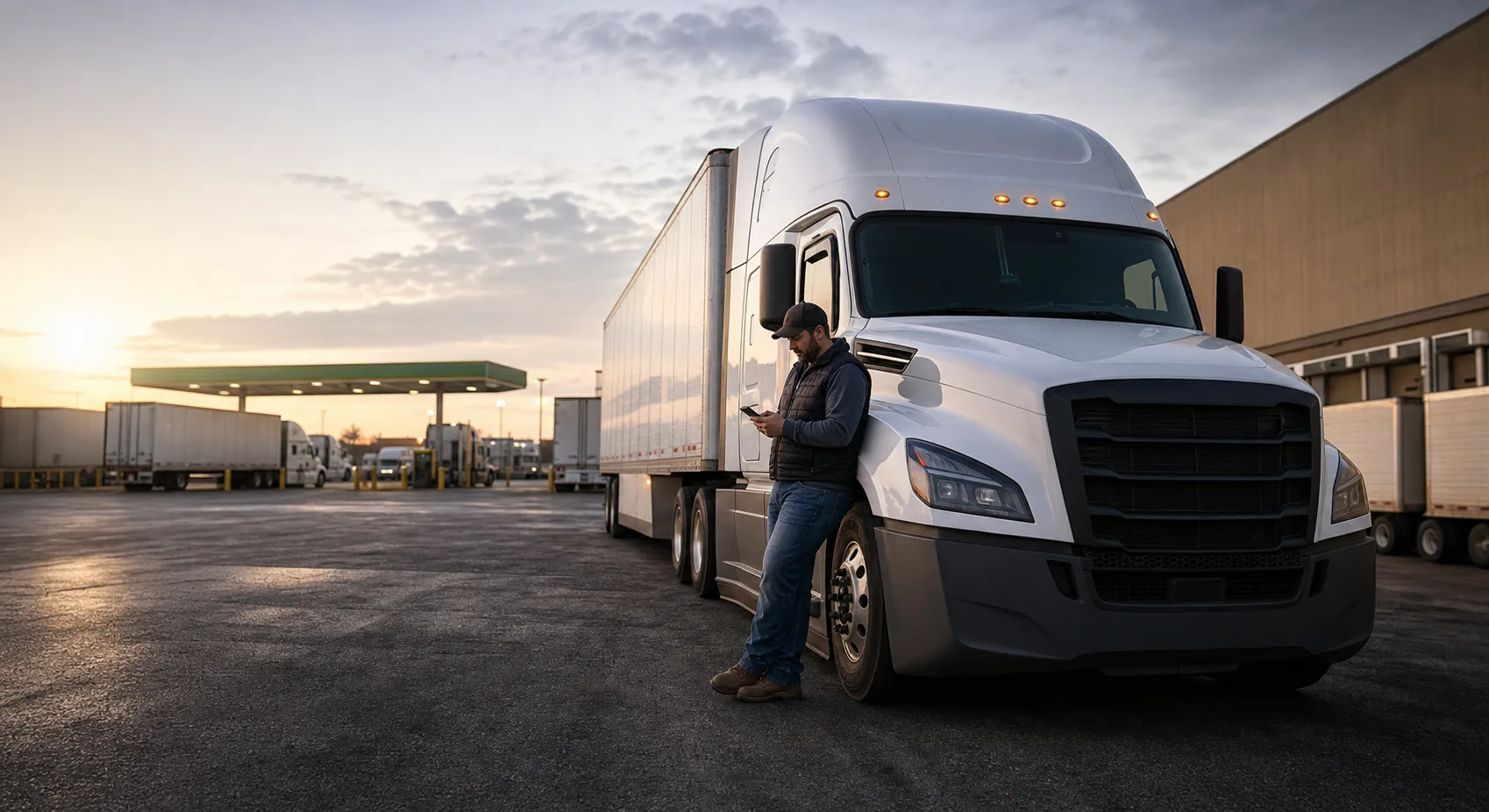 Semi truck staged at a freight yard